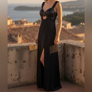 Vintage 80s Flirtations Beaded Sequin Evening Gown Dress Black
